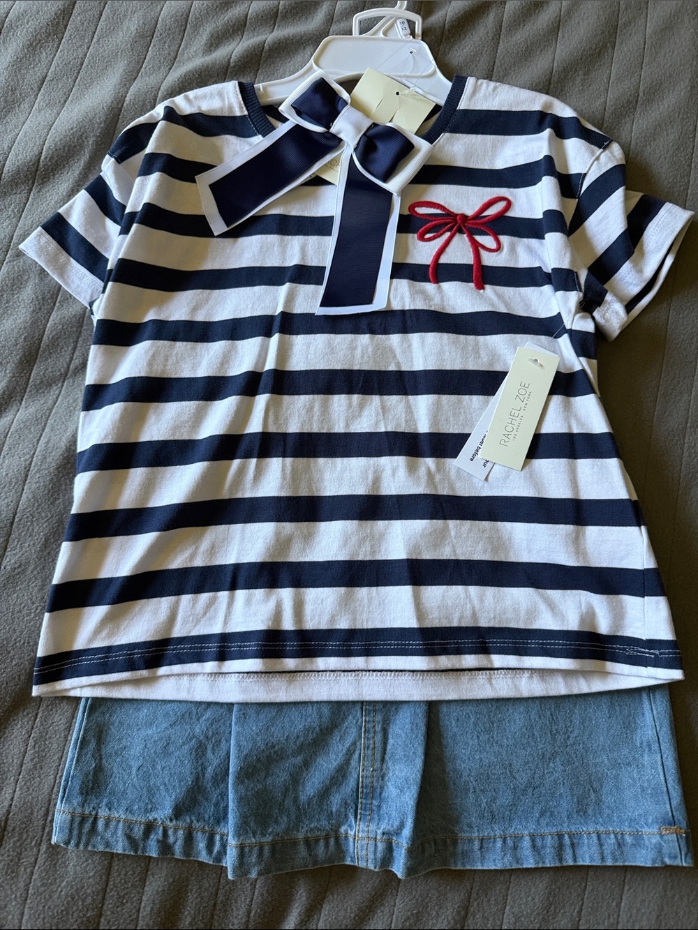 Rachel Zoe Navy & White Striped Short-Sleeve Tee with Red Bow Detail